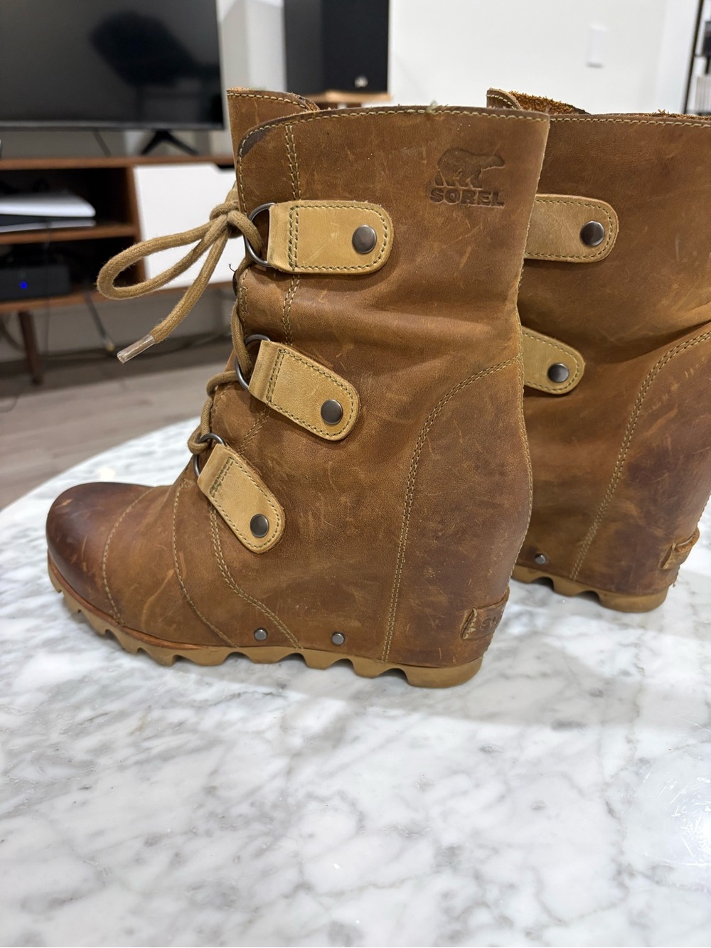 Sorel Brown Leather Wedge Ankle Booties with Lace-Up Detail